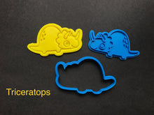 Load image into Gallery viewer, dinosaurs cookie cutter stamp t-rex stegosaurus brontosaurus tricerstops hatching number
