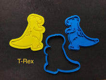 Load image into Gallery viewer, dinosaurs cookie cutter stamp t-rex stegosaurus brontosaurus tricerstops hatching number t-rex