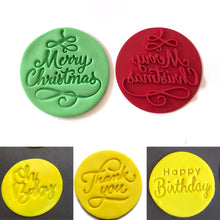 Load image into Gallery viewer, happy birthday thank you oh babay merry christmas cookie stamp fondant package biscuit pastry cutter fondant mold baking tools set of 4 stamps

