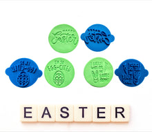 Load image into Gallery viewer, funny happy easter stamp cookie fondant clay tools - eggcited - carrot wait easter all 3