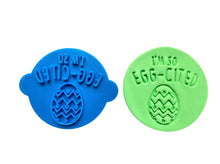 Load image into Gallery viewer, funny happy easter stamp cookie fondant clay tools - eggcited - carrot wait easter eggcited