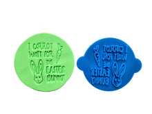 Load image into Gallery viewer, funny happy easter stamp cookie fondant clay tools - eggcited - carrot wait easter carrot wait easter