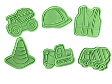 Load image into Gallery viewer, construction theme cookie cutter and embosser - road cone, dump truck, excavator, vest, helmet and concrete mixer/cement truck all 6