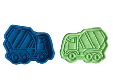Load image into Gallery viewer, construction theme cookie cutter and embosser - road cone, dump truck, excavator, vest, helmet and concrete mixer/cement truck cement truck