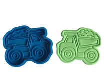 Load image into Gallery viewer, construction theme cookie cutter and embosser - road cone, dump truck, excavator, vest, helmet and concrete mixer/cement truck dump truck