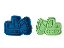 Load image into Gallery viewer, construction theme cookie cutter and embosser - road cone, dump truck, excavator, vest, helmet and concrete mixer/cement truck excavator