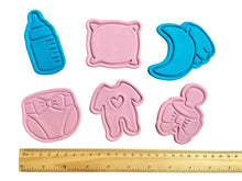 Load image into Gallery viewer, baby shower cookie cutters - milk bottle, pillow, moon with wing, nappy with bow, romper, dummy with bow