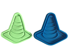 Load image into Gallery viewer, construction theme cookie cutter and embosser - road cone, dump truck, excavator, vest, helmet and concrete mixer/cement truck safety cone