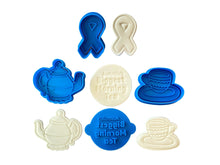 Load image into Gallery viewer, biggest morning tea cookie stamp- cancer council - tea pot,tea cup, and cancer ribbon cutter all 4