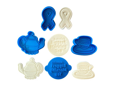 biggest morning tea cookie stamp- cancer council - tea pot,tea cup, and cancer ribbon cutter all 4