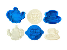 Load image into Gallery viewer, biggest morning tea cookie stamp- cancer council - tea pot,tea cup, and cancer ribbon cutter with tea cup tea pot