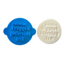 Load image into Gallery viewer, biggest morning tea cookie stamp- cancer council - tea pot,tea cup, and cancer ribbon cutter biggest morning tea