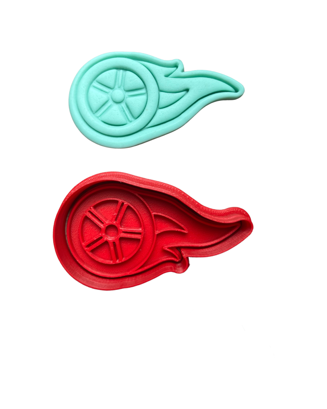 Racing car cookie cutter wheels on fire