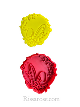 Load image into Gallery viewer, floral easter theme cookie cutter stamp - rabbit ears floral egg happy easter pyo cookie circle bunny ears