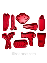 Load image into Gallery viewer, hairdresser hair salon cookie cutter stamp - hair dyer, hair clip, flat iron, scissors, roller, hair dye bowl, condition, and spray
