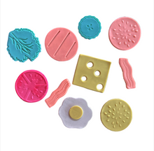 Load image into Gallery viewer, burger cookie cutter kit father’s day bun egg bacon tomato pickles meat cheese