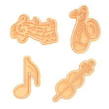 Load image into Gallery viewer, music theme cookie cutter stamp - music note treble clef quarter beat cello saxophone all 4