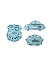 Load image into Gallery viewer, Police Elements Cookie Cutter Stamp Dog Policewoman Policeman Badge Car helicopter Walkie Talkie Flashlight Handcuff Hat
