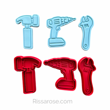 Load image into Gallery viewer, Tool set cookie cutter and embosser - father's day - drill, hammer, spanner, saw and screw driver