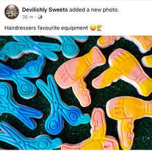 Load image into Gallery viewer, hairdresser hair salon cookie cutter stamp - hair dyer, hair clip, flat iron, scissors, roller, hair dye bowl, condition, and spray