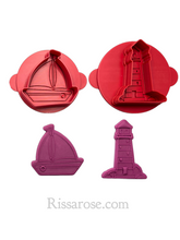 Load image into Gallery viewer, sailing elements cookie cutter stamp lighthouse boat helm anchor debosser