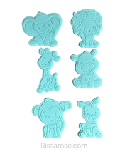 Load image into Gallery viewer, Safari theme animals cookie cutter fondant 2 tone embosser Zoo Lion Elephant Zebra Monkey Hippo Giraffe Jungle animal