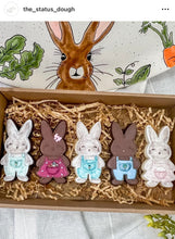 Load image into Gallery viewer, Cute boy girl bunny Cookie Cutter Debosser Easter overall egg carrot