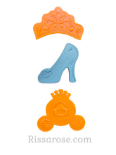 Load image into Gallery viewer, cinderella theme cookie cutter debosser tiara crown shoe pumpkin carriage raised pattern all 3
