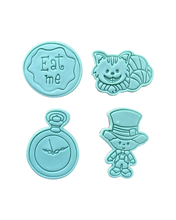 Load image into Gallery viewer, Alice in Wonderland Elements Cookie Cutter Stamp Key Cheshire Clock Mushroom Potion Teapot Hat Eat Me