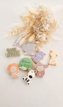 Load image into Gallery viewer, Safari theme animals cookie cutter fondant 2 tone embosser Zoo Lion Elephant Zebra Monkey Hippo Giraffe Jungle animal