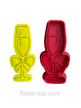 Load image into Gallery viewer, champagne flute cookie cutter and stamp set  - sparkling wine glass bubbling celebrating embosser