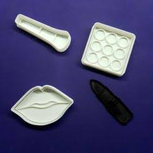 Load image into Gallery viewer, make up cookie cutter and stamp set  - brush, lipstick, and eyeshadow palette