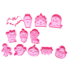 Load image into Gallery viewer, Halloween Cookie Fondant Cutter Stamp Skull Pumpkin Grave Witch Hat Mummy Candy Ghost
