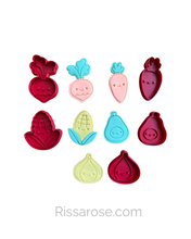 Load image into Gallery viewer, Fruit vegetable theme cookie cutter embosser banana carrot radish corn pear pumpkin avocado pineapple onion tomato watermelon apple lemon strawberry