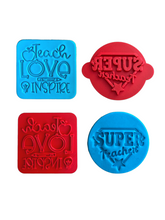 Load image into Gallery viewer, teacher cookie embossers cutter - super teacher, love inspire light bulb end of year gift both stamps