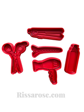 Load image into Gallery viewer, hairdresser hair salon cookie cutter stamp - hair dyer, hair clip, flat iron, scissors, roller, hair dye bowl, condition, and spray
