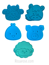 Load image into Gallery viewer, farm animals head face cookie cutters stamps - chicken horse lamb cow pig