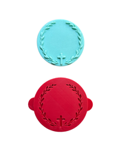 Load image into Gallery viewer, Leafy wreath cross cookie debosser baptism christening initial personalisation