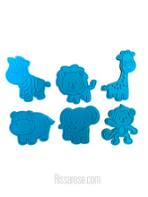 Load image into Gallery viewer, safari theme animals cookie cutter fondant embosser - zoo lion elephant zebra monkey hippo giraffe jungle animal