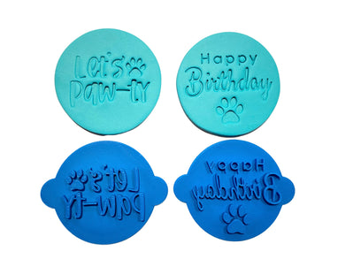 dog cookie stamp cake fondant embosser - let's paw-ty, and happy birthday stamp, paw cutter both embossers