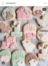 Load image into Gallery viewer, farm animals cookie cutters and stamps - barn duck donkey chicken horse lamb cow bull pig