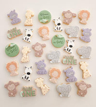Load image into Gallery viewer, Safari theme animals cookie cutter fondant 2 tone embosser Zoo Lion Elephant Zebra Monkey Hippo Giraffe Jungle animal
