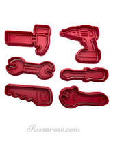 Load image into Gallery viewer, tool set cookie cutter and embosser - father's day - drill, hammer, spanner, saw and screw driver