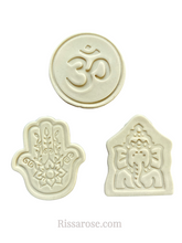 Load image into Gallery viewer, diwali cookie fondant cutter embosser om indian elephant henna hand hinduism buddhism jainism all 3