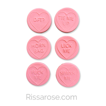 Load image into Gallery viewer, Naughty candy hearts cookie Debosser R rated Valentine's day Cookie Cutter Stamp Love Heart conversation messages