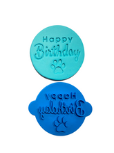 Load image into Gallery viewer, dog cookie stamp cake fondant embosser - let's paw-ty, and happy birthday stamp, paw cutter happy birthday
