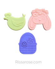 Load image into Gallery viewer, Easter cookie cutter debosser floral bunny Hen basket daisy carrots picnic
