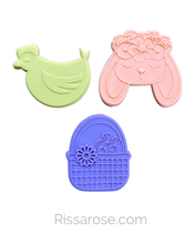 Load image into Gallery viewer, Easter cookie cutter debosser floral bunny Hen basket daisy carrots picnic