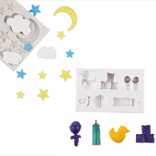 Load image into Gallery viewer, baby shower silicone mould - moon stars, cloud and abc block, baby shoes, rubber duck both
