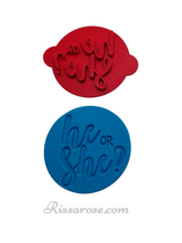 Load image into Gallery viewer, gender reveal cookie stamps he or she baby shower fondant embosser cake decoration he or she?